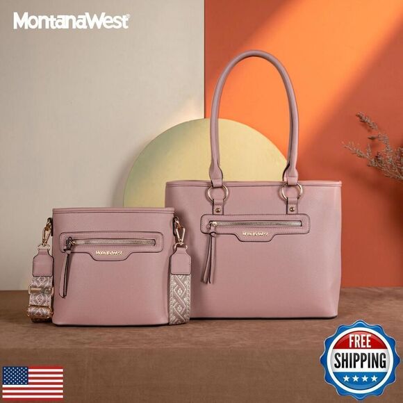 Tote Bag Medium Crossbody Purse Set 2pcs With Guitar Strap Mauve - Picture 2 of 5